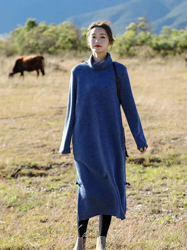 Loose Blue And Red High Neck Maxi Sweater Dresses For Women Q81007