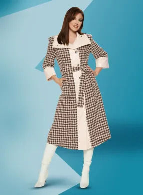 Love the Queen 17503 Houndstooth Faux Leather Trim Coat