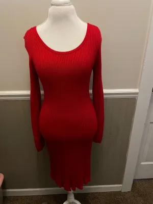 <€€ Womens Large SAY WHAT? Red Sweater Dress Fitted Ribbed