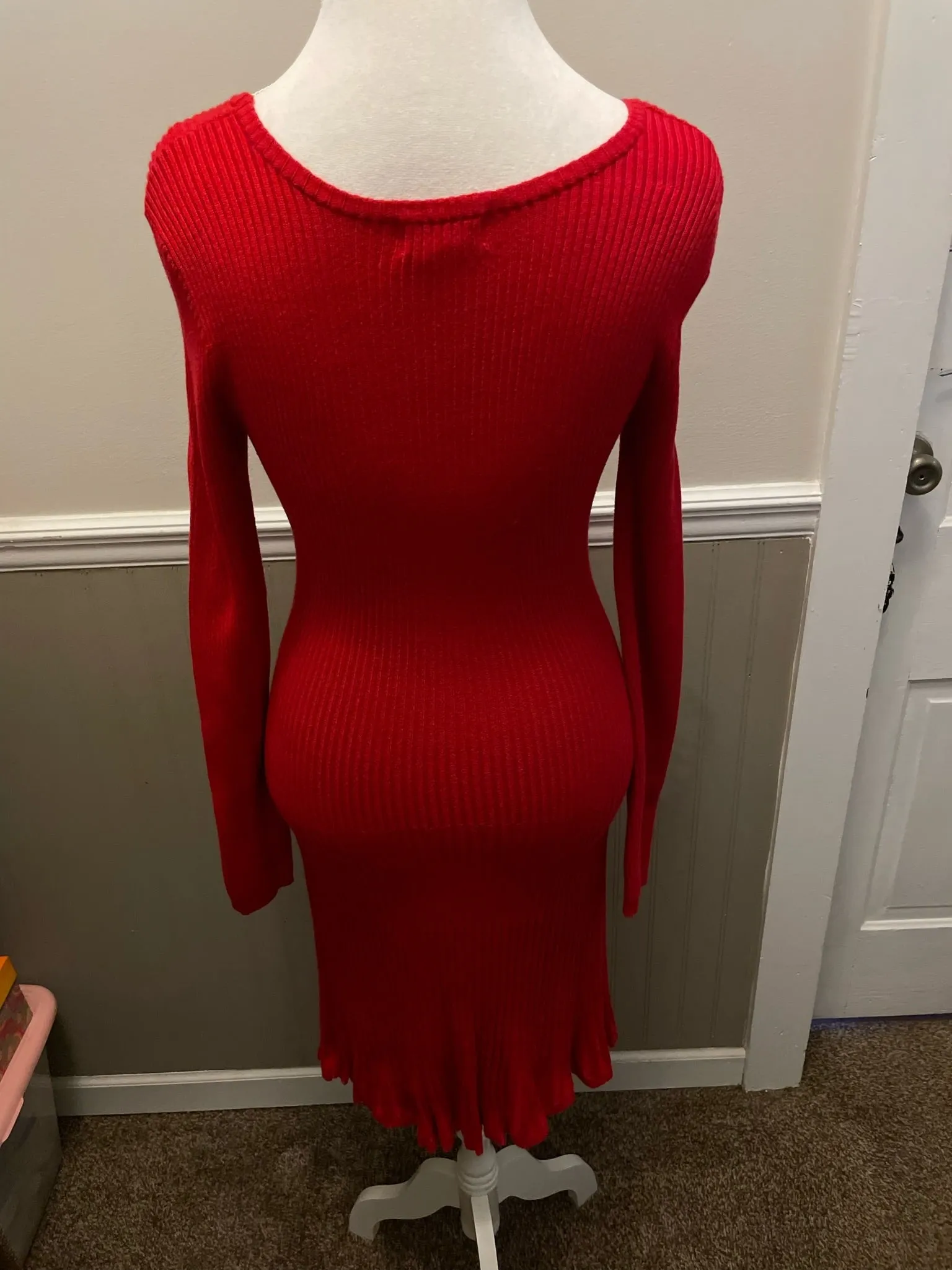 <€€ Womens Large SAY WHAT? Red Sweater Dress Fitted Ribbed