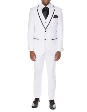 Mens 2 Button Satin Trim Prom Tuxedo in White & Black