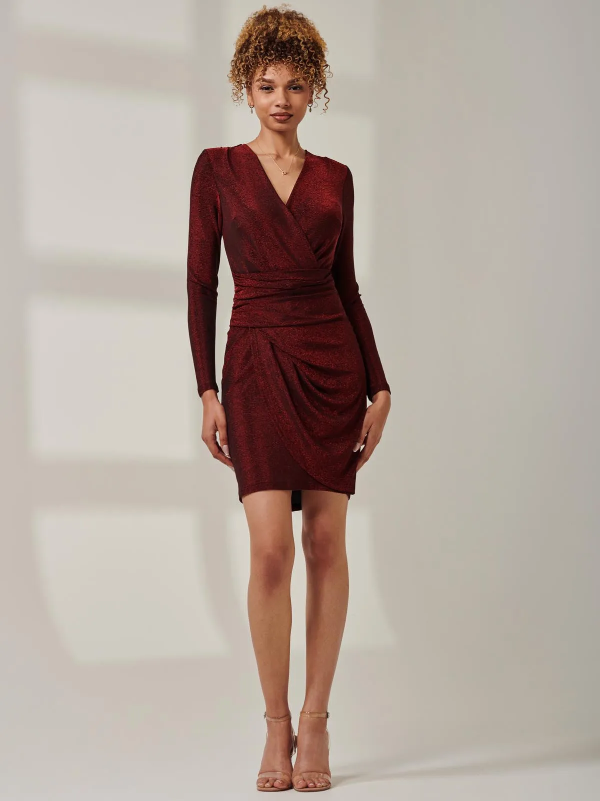 Metallic Draped Knee Length Dress, Burgundy