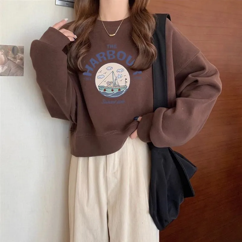 METAVERSMALL Crew neck pullover short sweater women's fleece thickened autumn and winter long-sleeved top high waist thin small spring and autumn thin