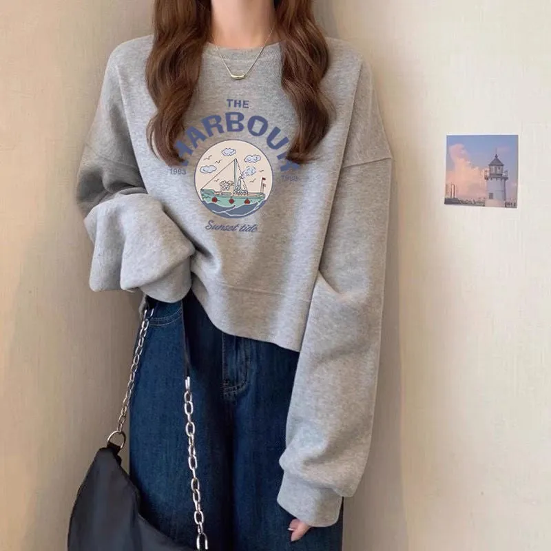 METAVERSMALL Crew neck pullover short sweater women's fleece thickened autumn and winter long-sleeved top high waist thin small spring and autumn thin