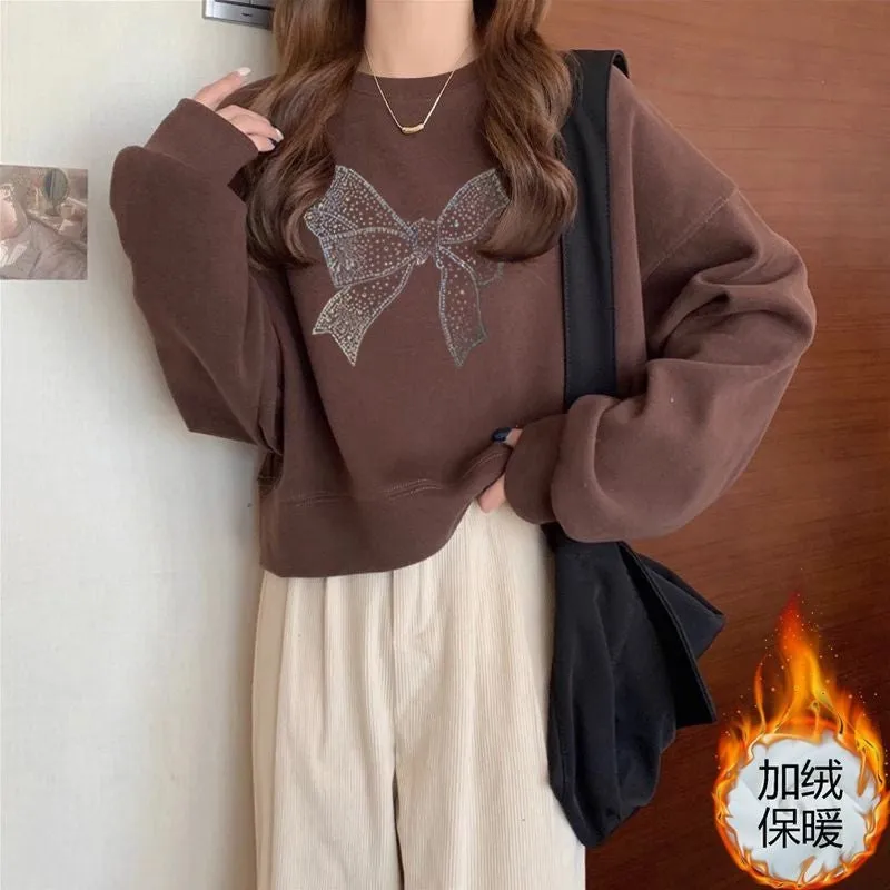 METAVERSMALL Crew neck pullover short sweater women's fleece thickened autumn and winter long-sleeved top high waist thin small spring and autumn thin