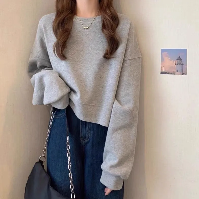 METAVERSMALL Crew neck pullover short sweater women's fleece thickened autumn and winter long-sleeved top high waist thin small spring and autumn thin