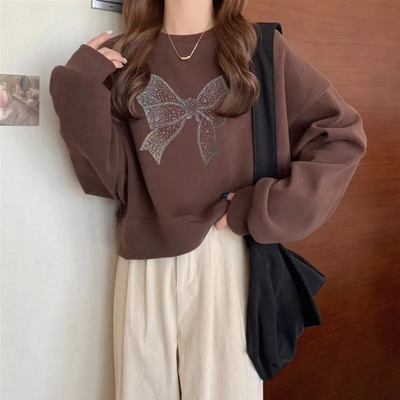 METAVERSMALL Crew neck pullover short sweater women's fleece thickened autumn and winter long-sleeved top high waist thin small spring and autumn thin