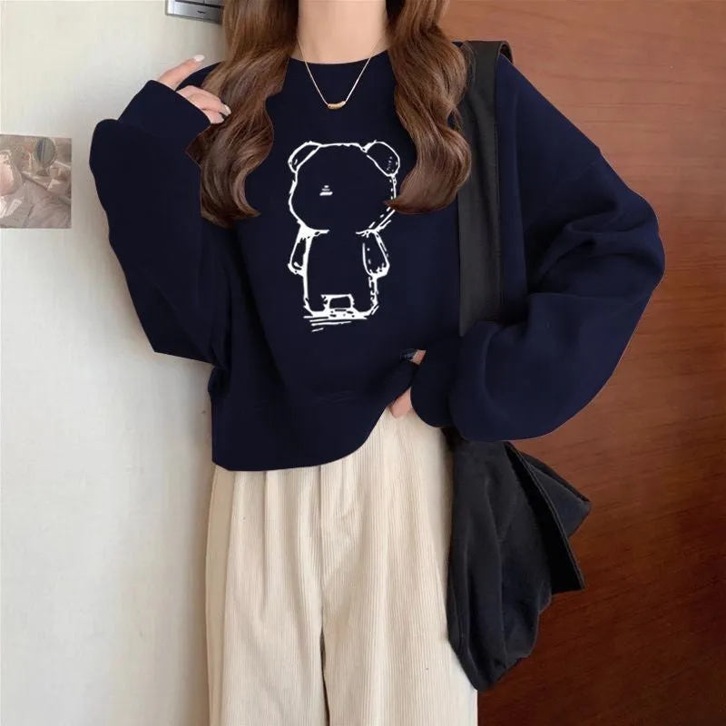 METAVERSMALL Crew neck pullover short sweater women's fleece thickened autumn and winter long-sleeved top high waist thin small spring and autumn thin