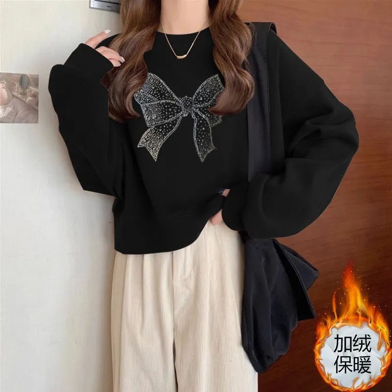 METAVERSMALL Crew neck pullover short sweater women's fleece thickened autumn and winter long-sleeved top high waist thin small spring and autumn thin