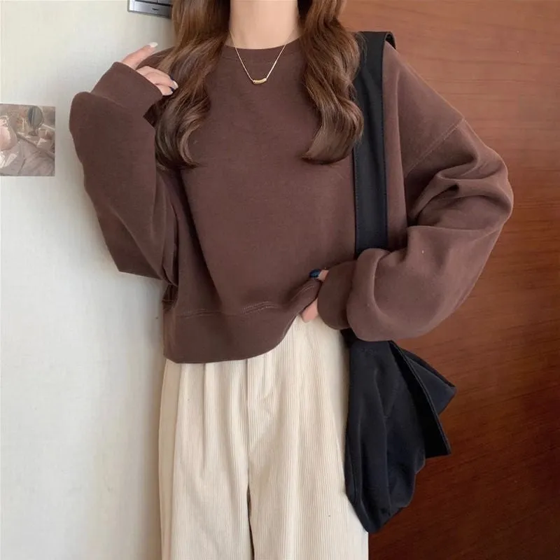 METAVERSMALL Crew neck pullover short sweater women's fleece thickened autumn and winter long-sleeved top high waist thin small spring and autumn thin