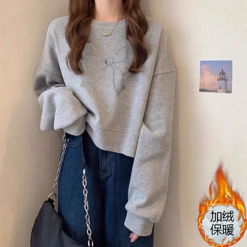 METAVERSMALL Crew neck pullover short sweater women's fleece thickened autumn and winter long-sleeved top high waist thin small spring and autumn thin