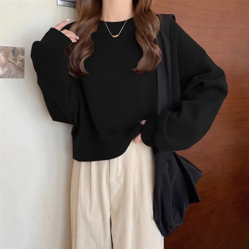 METAVERSMALL Crew neck pullover short sweater women's fleece thickened autumn and winter long-sleeved top high waist thin small spring and autumn thin