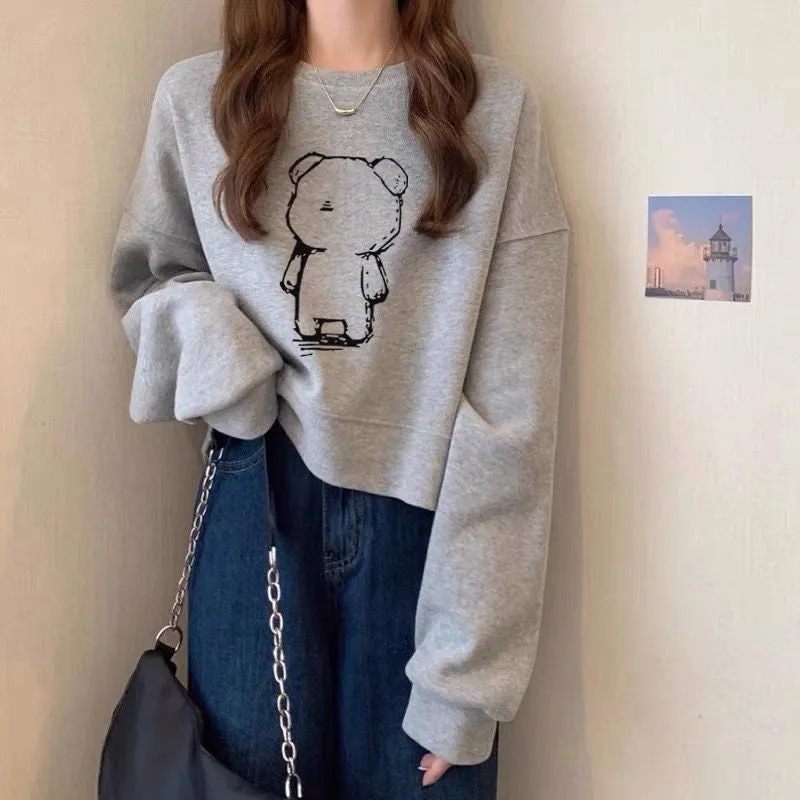 METAVERSMALL Crew neck pullover short sweater women's fleece thickened autumn and winter long-sleeved top high waist thin small spring and autumn thin