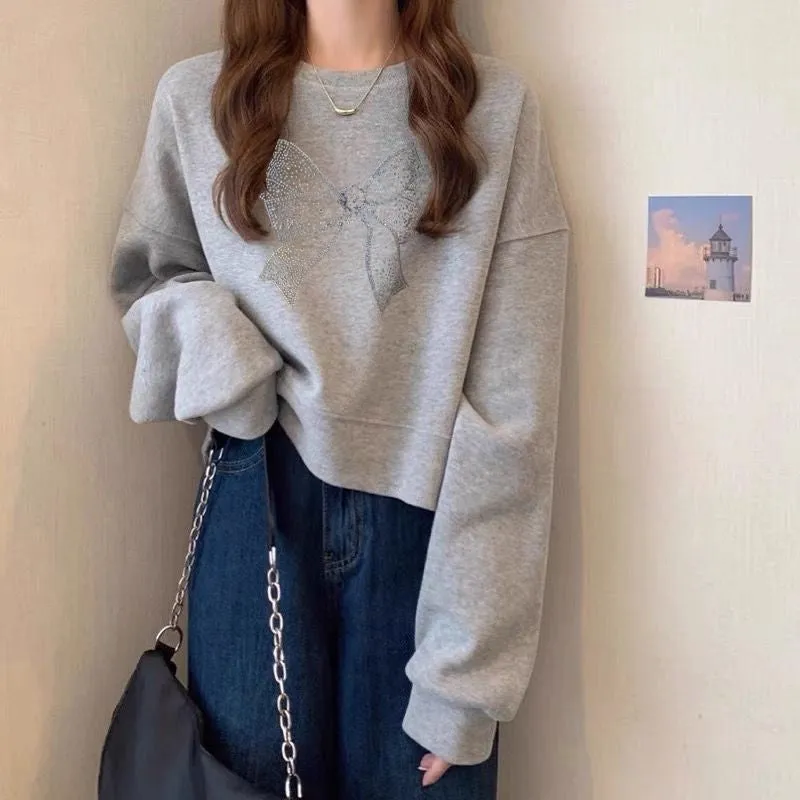 METAVERSMALL Crew neck pullover short sweater women's fleece thickened autumn and winter long-sleeved top high waist thin small spring and autumn thin