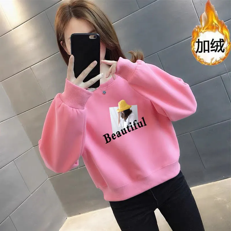 METAVERSMALL Small short sweater without hat round neck women's clothing fleece thickened new Korean version high waist 2025 style inner top tide