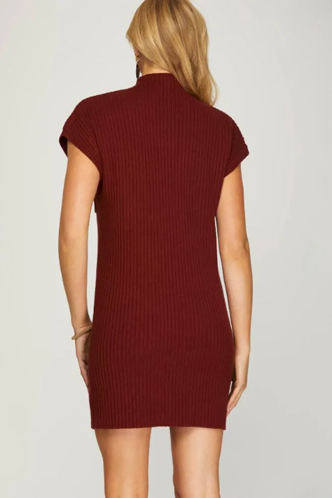 Mock Neck Sweater Dress in Wine by She   Sky