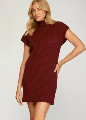 Mock Neck Sweater Dress in Wine by She   Sky