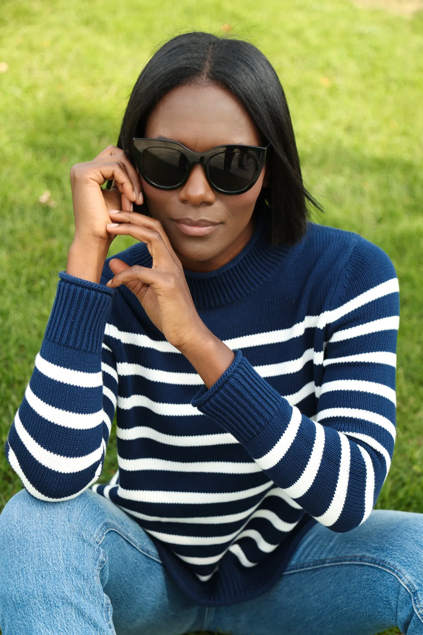 Mock Roll Neck Heirloom Cotton Sweater in Navy & Ivory Stripe