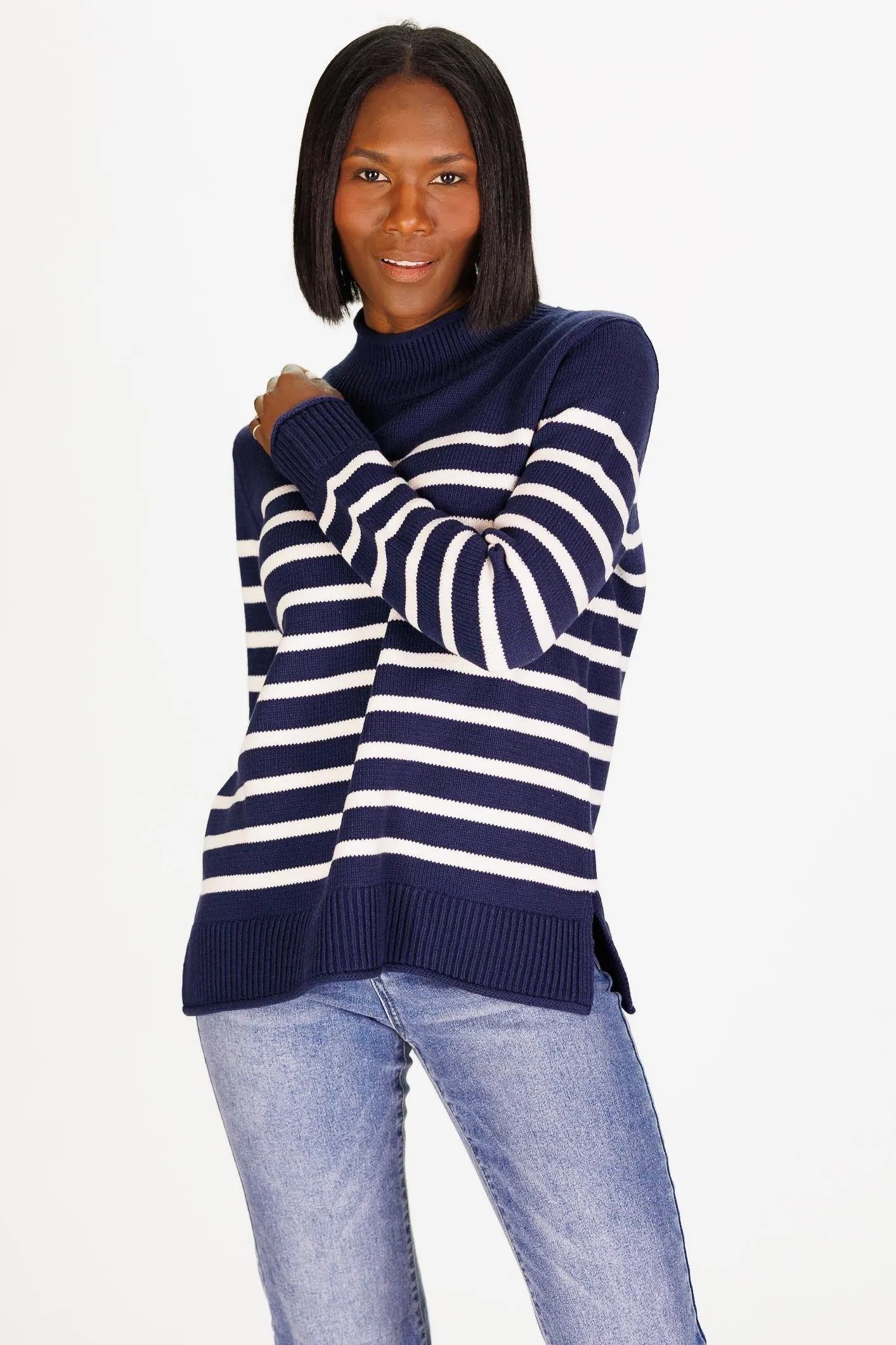 Mock Roll Neck Heirloom Cotton Sweater in Navy & Ivory Stripe