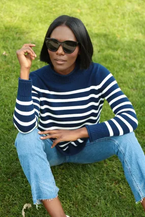 Mock Roll Neck Heirloom Cotton Sweater in Navy & Ivory Stripe