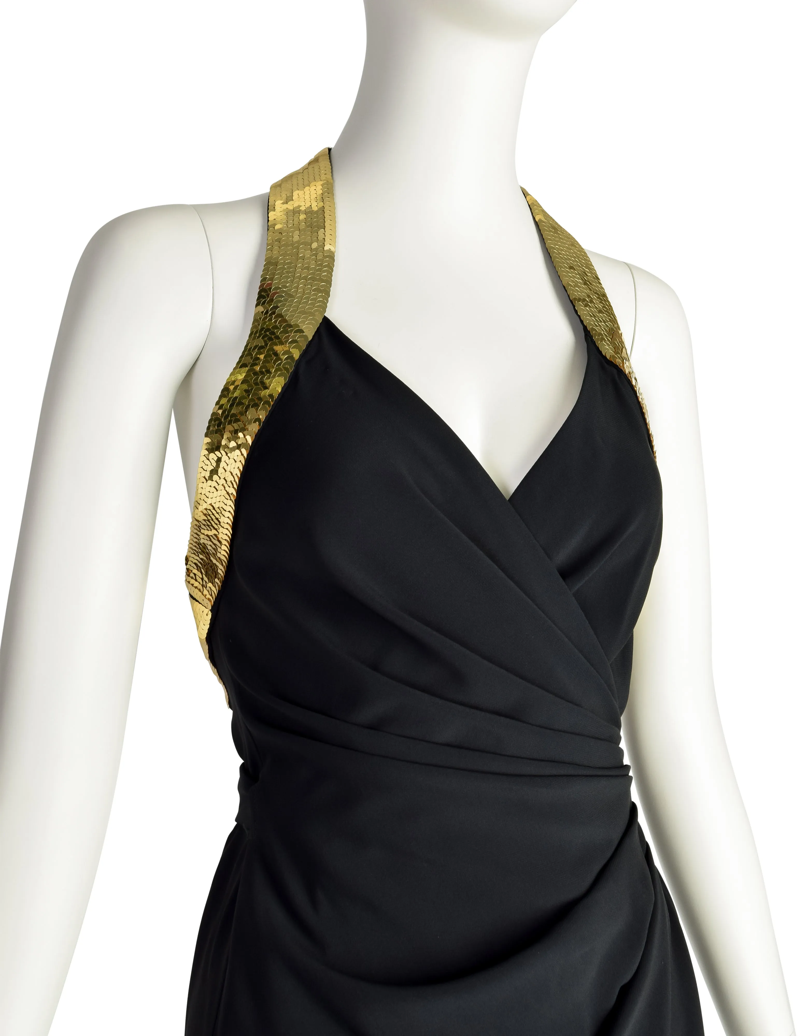 Moschino Couture Vintage 1994 Iconic Peace Sign Black and Gold Anniversary Runway Halter Dress