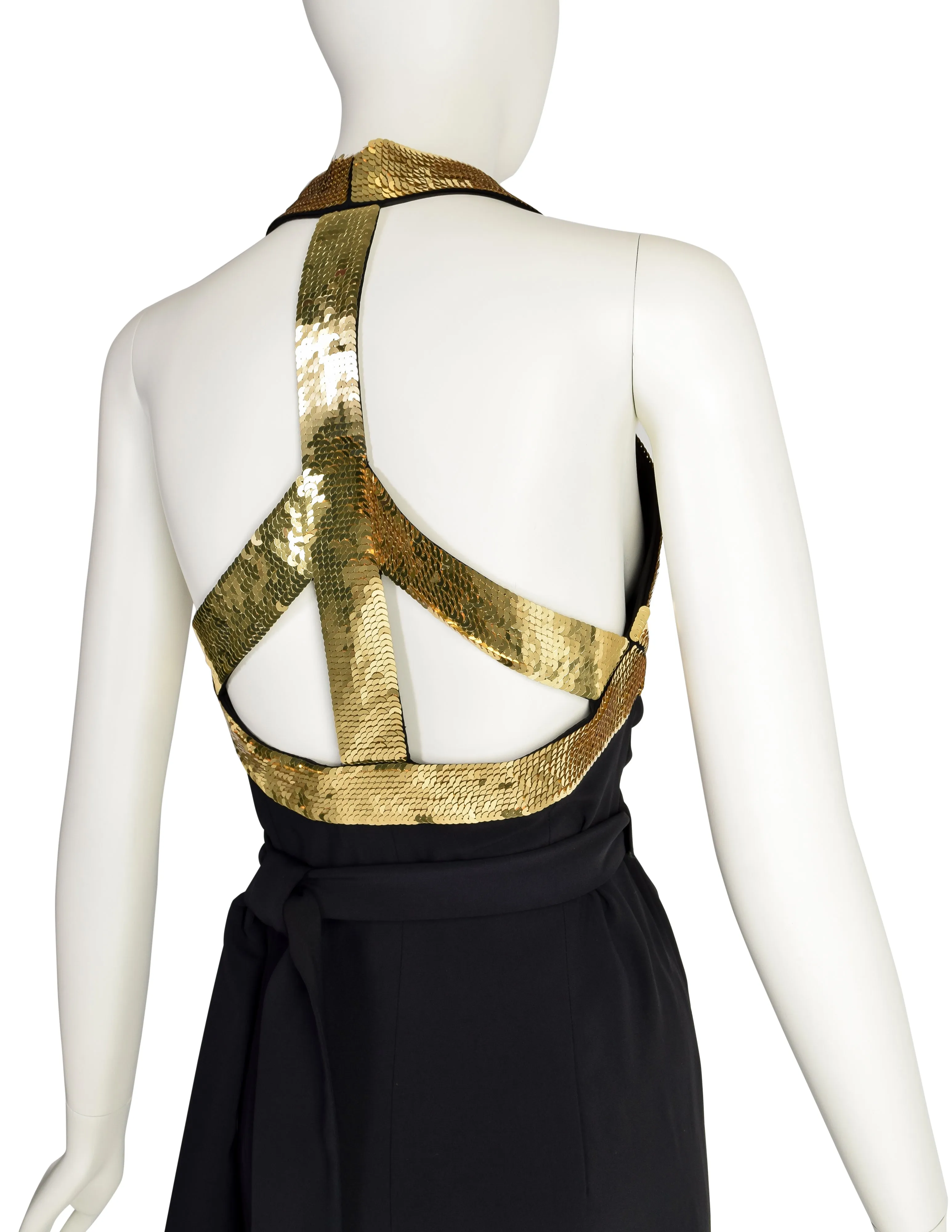 Moschino Couture Vintage 1994 Iconic Peace Sign Black and Gold Anniversary Runway Halter Dress