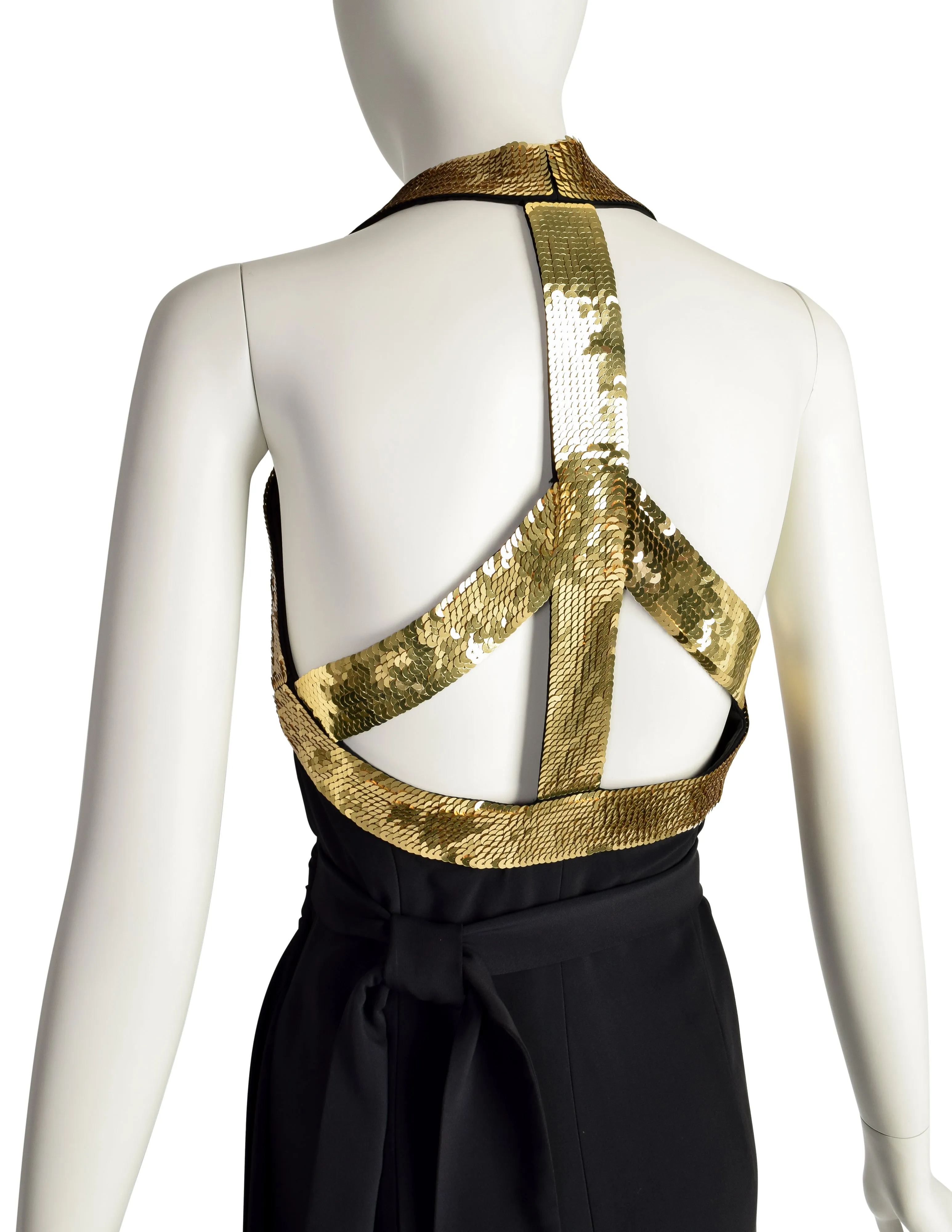 Moschino Couture Vintage 1994 Iconic Peace Sign Black and Gold Anniversary Runway Halter Dress