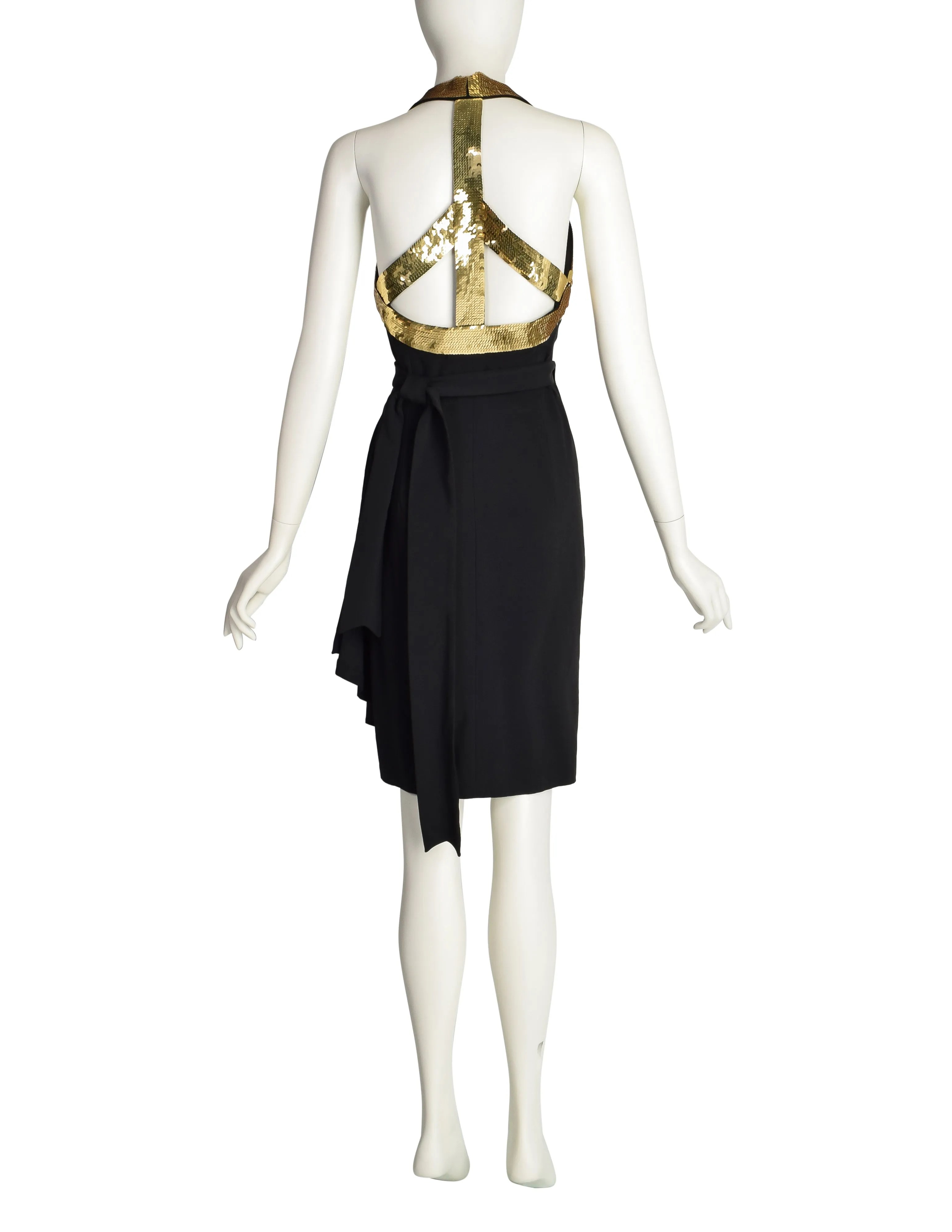 Moschino Couture Vintage 1994 Iconic Peace Sign Black and Gold Anniversary Runway Halter Dress