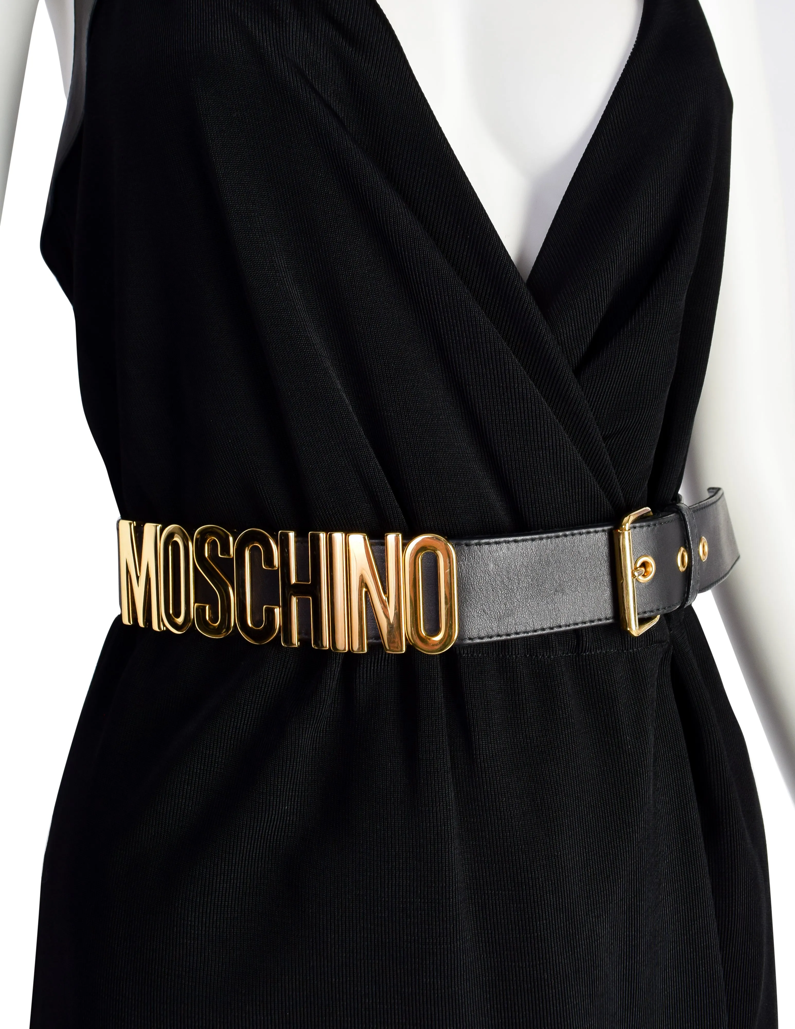 Moschino Couture! Vintage Black and Gold Namesake Letters Surplice Halter Dress with Belt