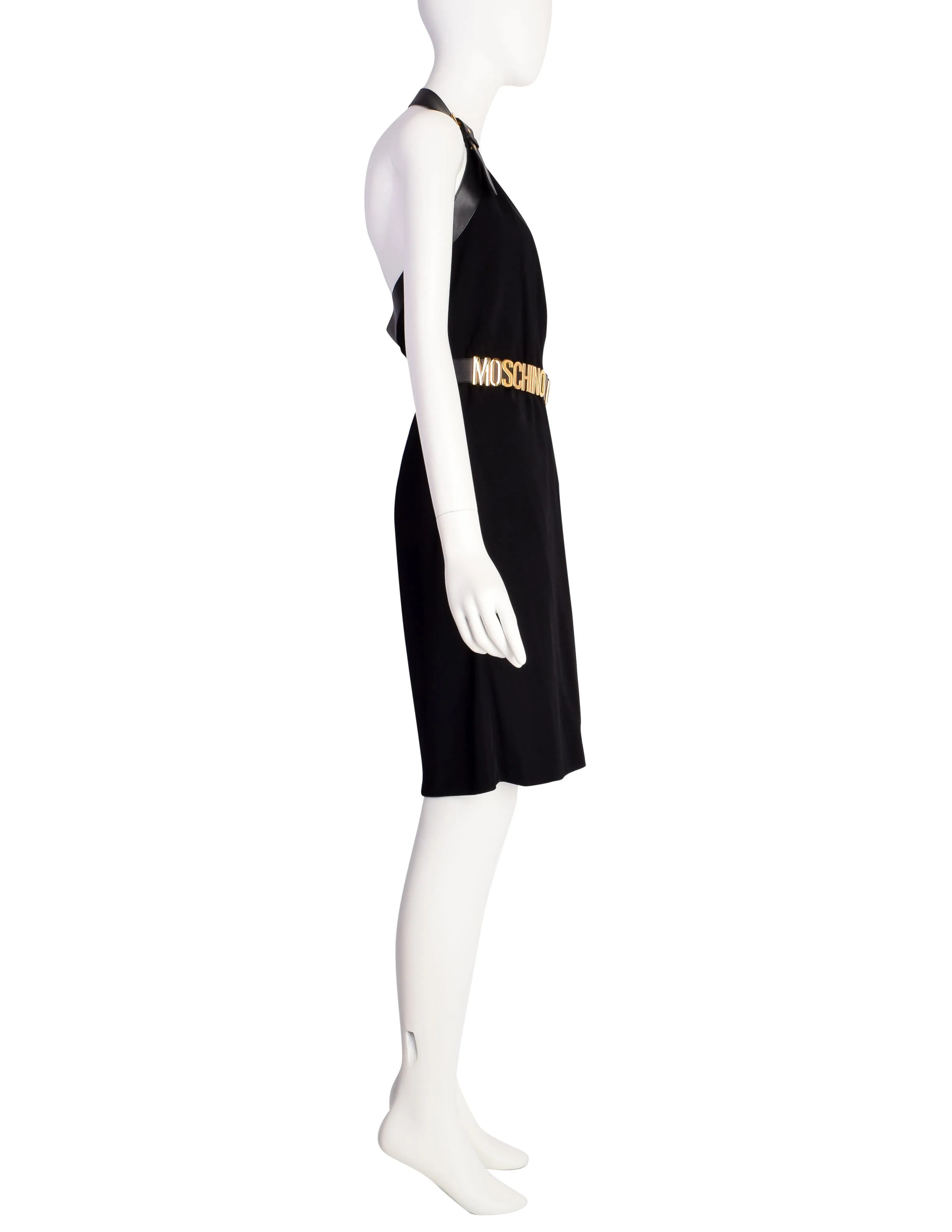 Moschino Couture! Vintage Black and Gold Namesake Letters Surplice Halter Dress with Belt