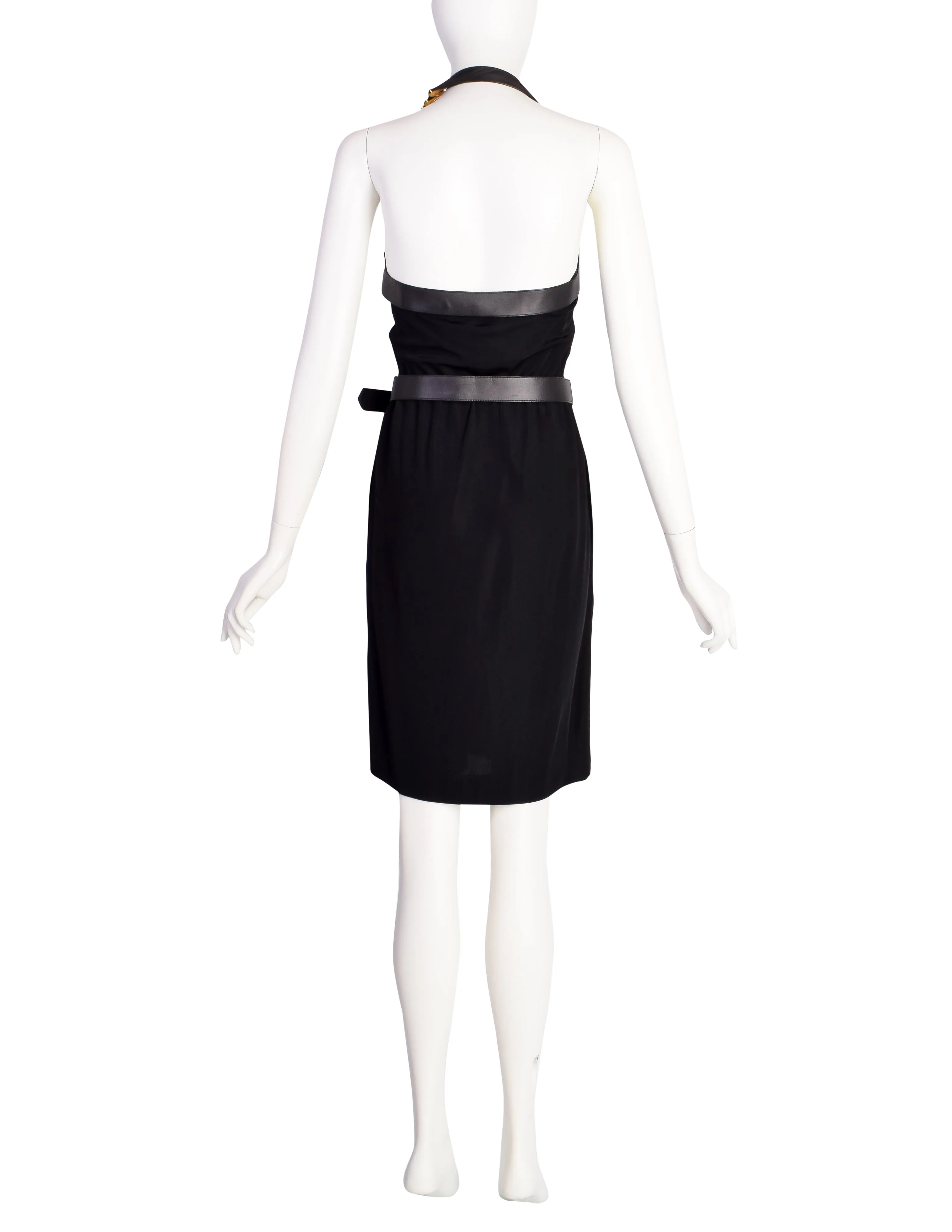 Moschino Couture! Vintage Black and Gold Namesake Letters Surplice Halter Dress with Belt