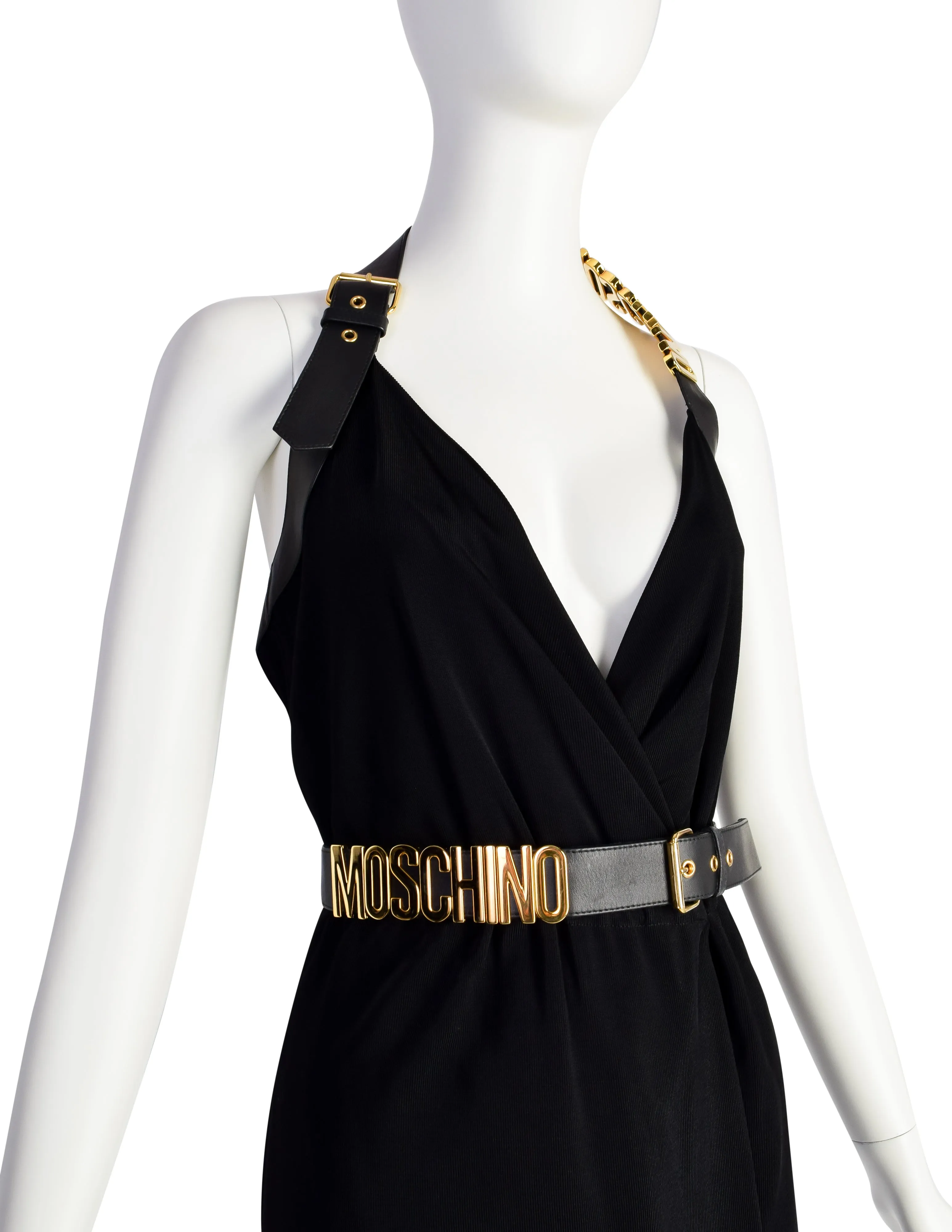 Moschino Couture! Vintage Black and Gold Namesake Letters Surplice Halter Dress with Belt