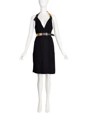 Moschino Couture! Vintage Black and Gold Namesake Letters Surplice Halter Dress with Belt