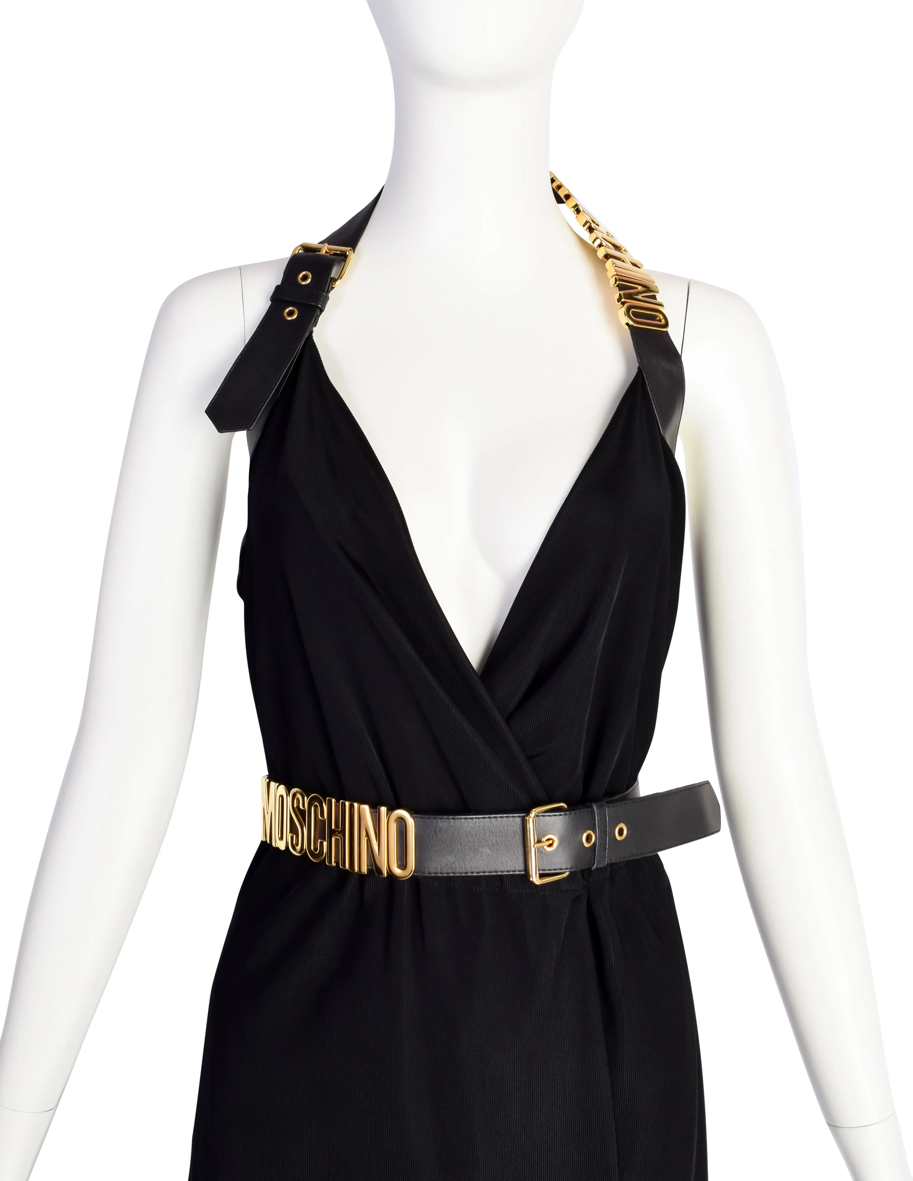 Moschino Couture! Vintage Black and Gold Namesake Letters Surplice Halter Dress with Belt