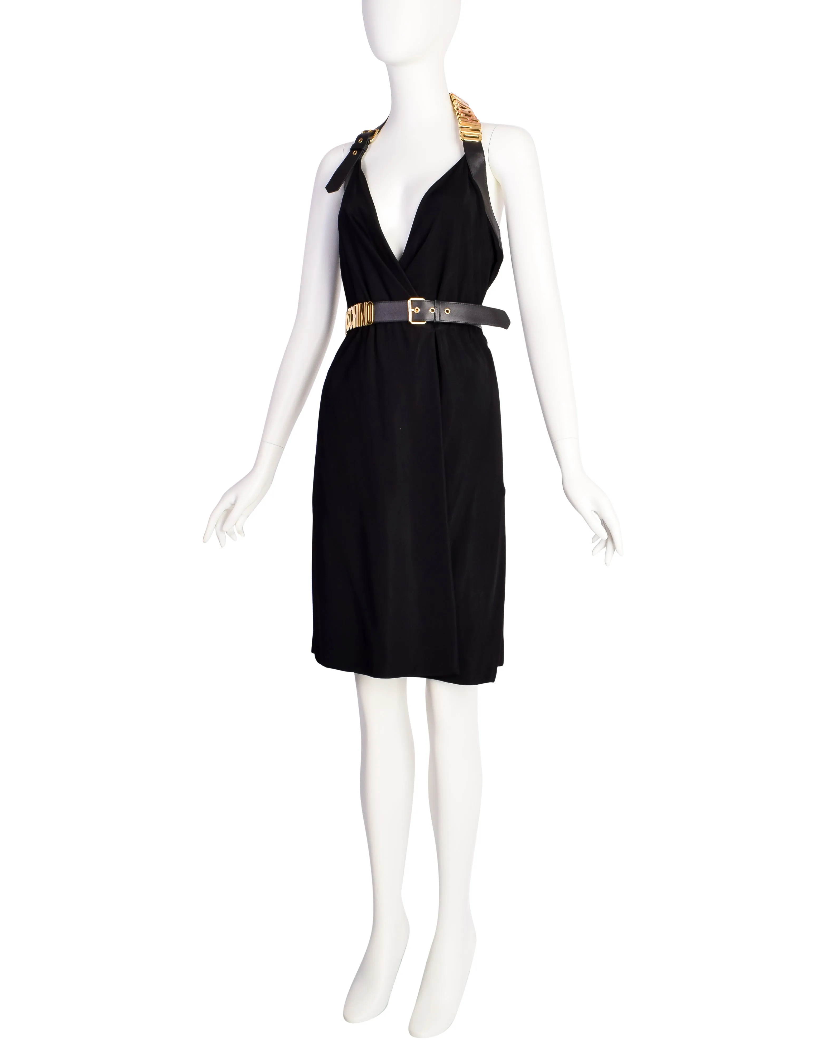 Moschino Couture! Vintage Black and Gold Namesake Letters Surplice Halter Dress with Belt