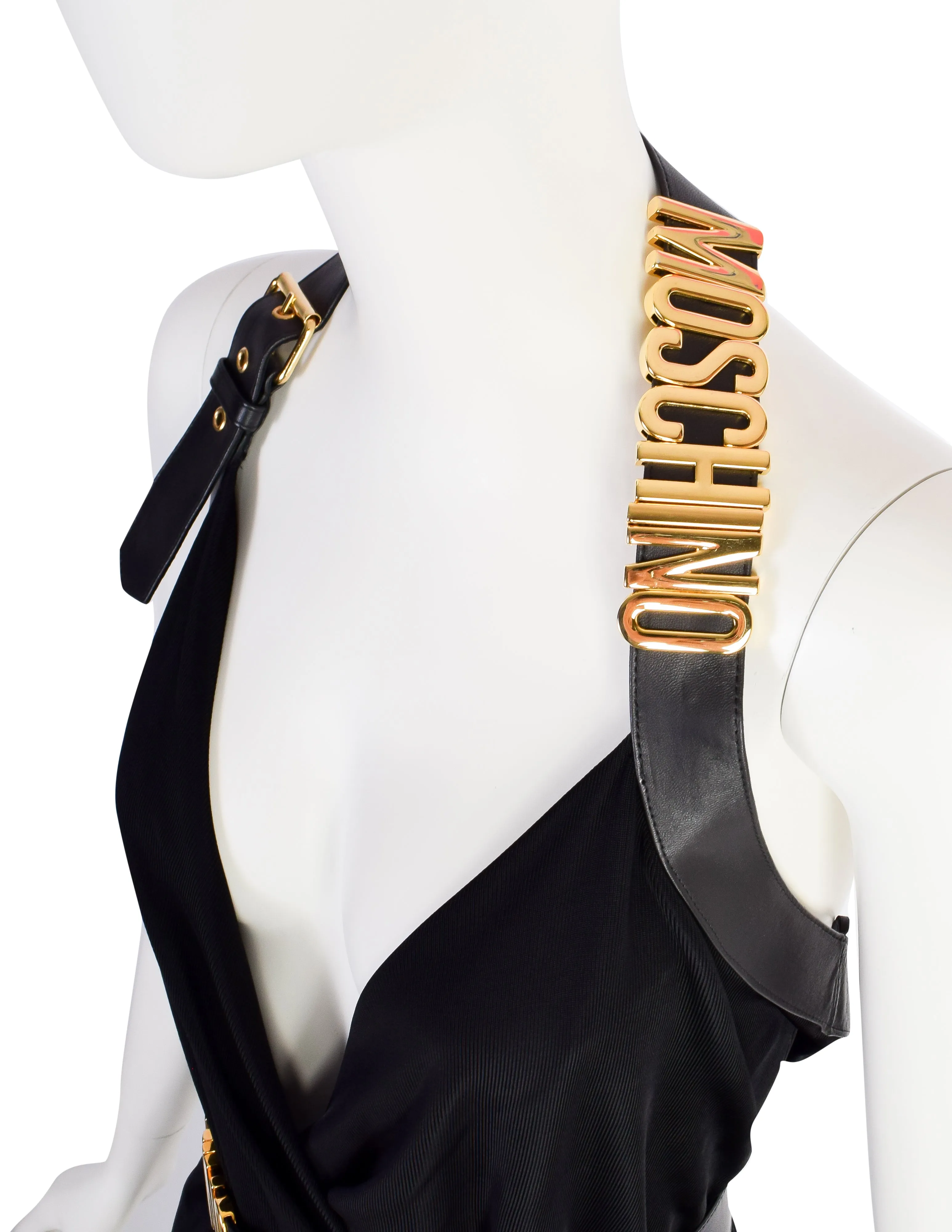 Moschino Couture! Vintage Black and Gold Namesake Letters Surplice Halter Dress with Belt