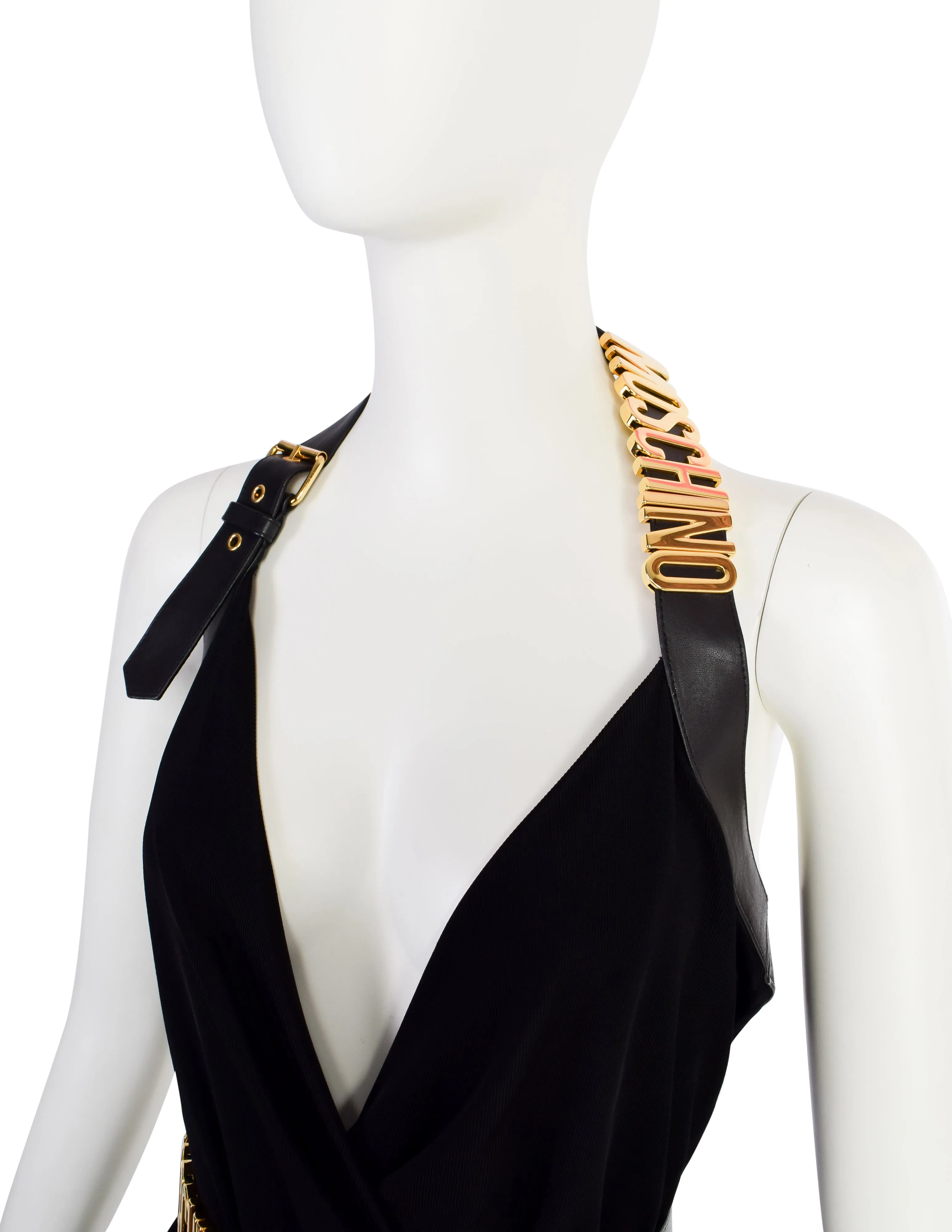 Moschino Couture! Vintage Black and Gold Namesake Letters Surplice Halter Dress with Belt