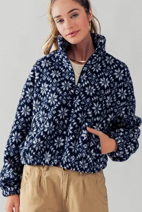 Navy Sherpa Fleece Snow Flake Pattern Jacket