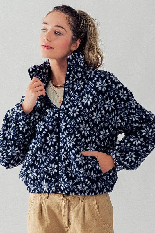 Navy Sherpa Fleece Snow Flake Pattern Jacket