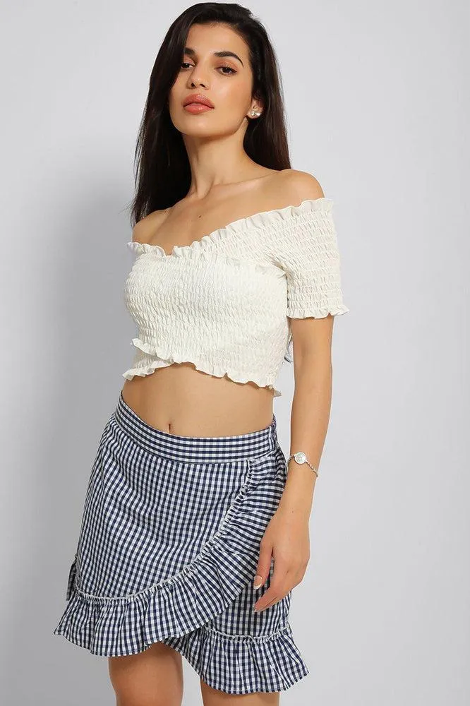 Navy White Check Print Ruffle Hem Wrap Skirt