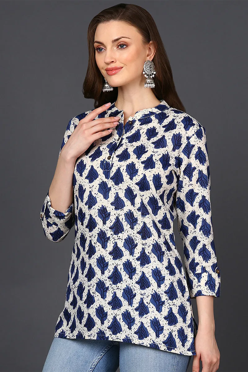 Off White Cotton Blend Ethnic Motifs Printed Straight Tunic