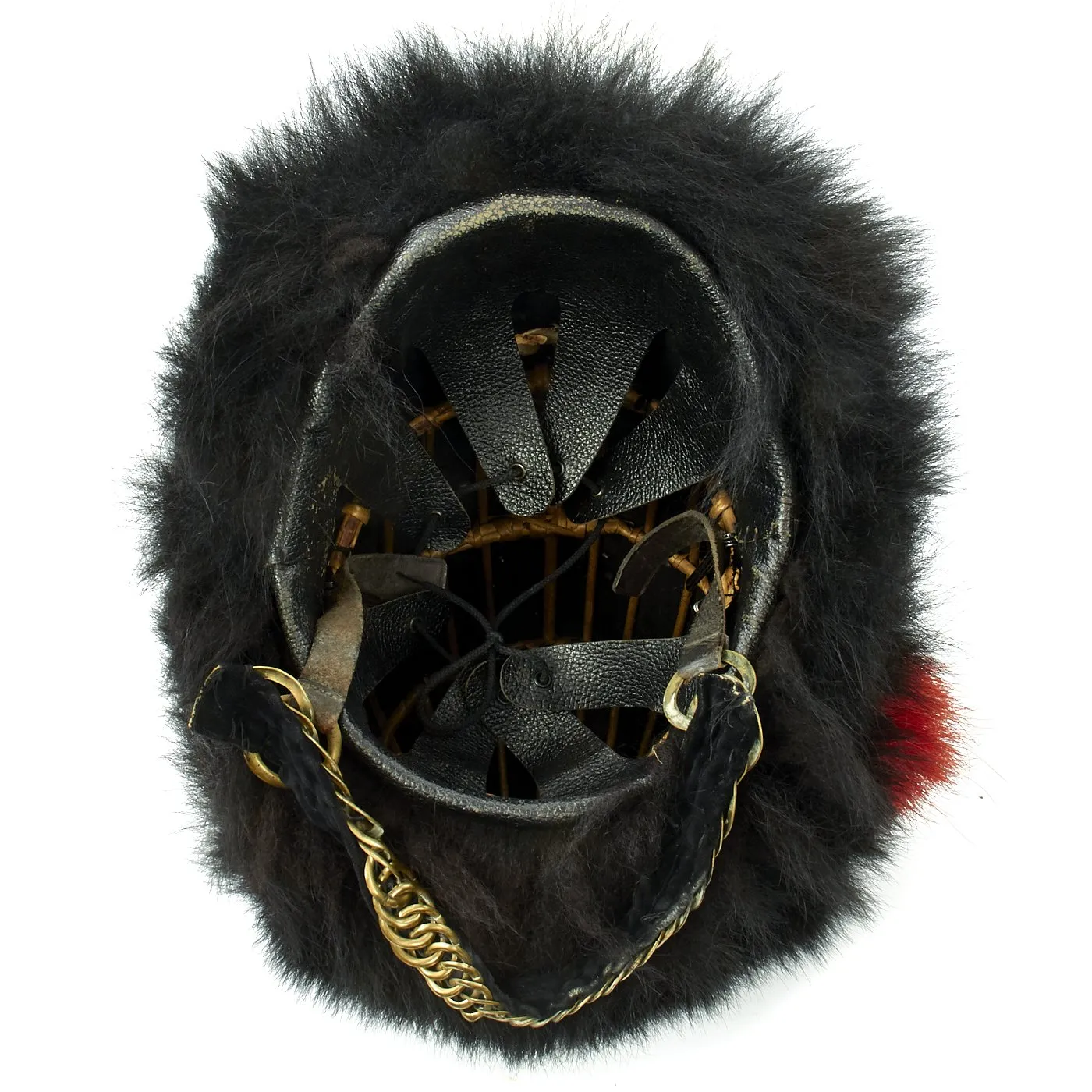 Original British Coldstream Guards Bearskin Helmet with Brass Chin Scales and Red Hackle