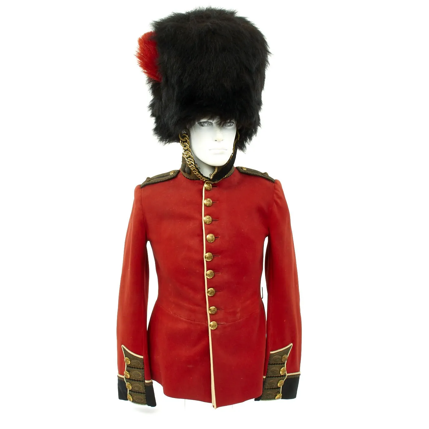 Original British Coldstream Guards Bearskin Helmet with Brass Chin Scales and Red Hackle