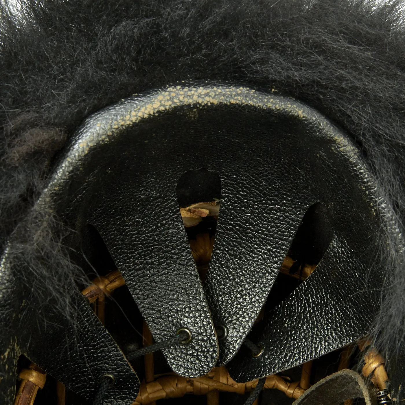 Original British Coldstream Guards Bearskin Helmet with Brass Chin Scales and Red Hackle