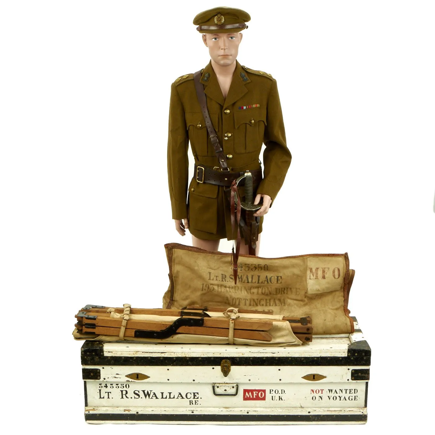 Original British WWII Named Royal Engineer Officer’s Grouping in Transit Trunk - Tunic, Cap, Cot, Documents & More