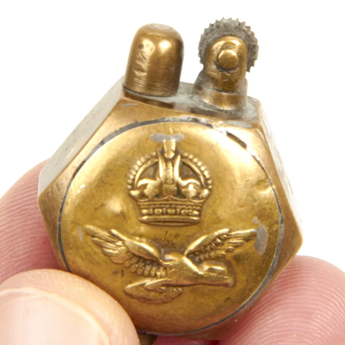 Original British WWII RAF Button Trench Art Brass Cigarette Lighter