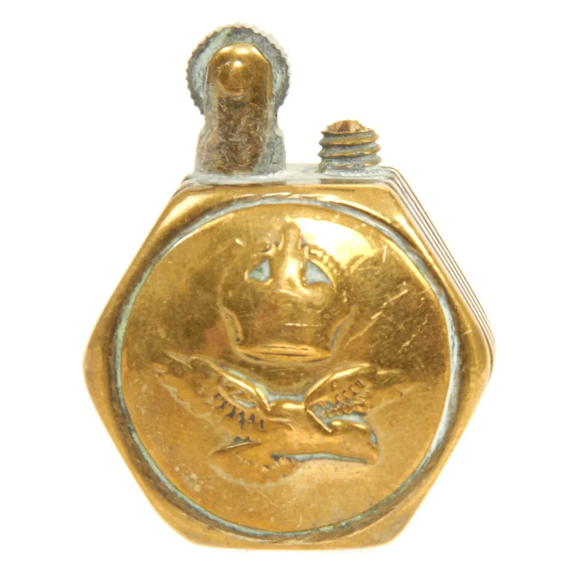 Original British WWI/WWII Trench Art Brass Lighter made from R.F.C. or R.A.F. Buttons