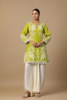 Pear Green Embroidered Raw Silk Tunic & Afghani Pants Set