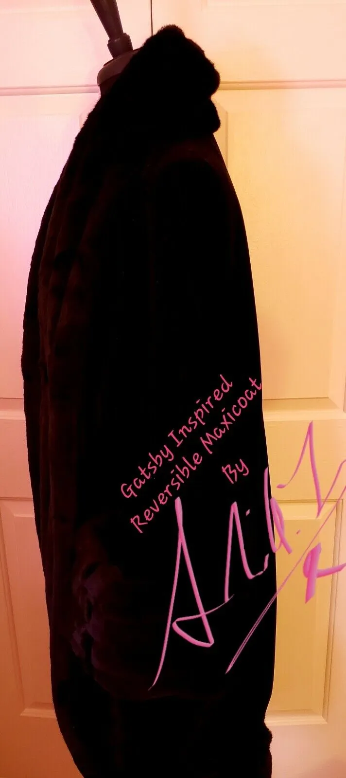 Pink & Black Velvet Satin & Faux Fur Reversible Gatsby Inspired Cocoon Maxi Coat