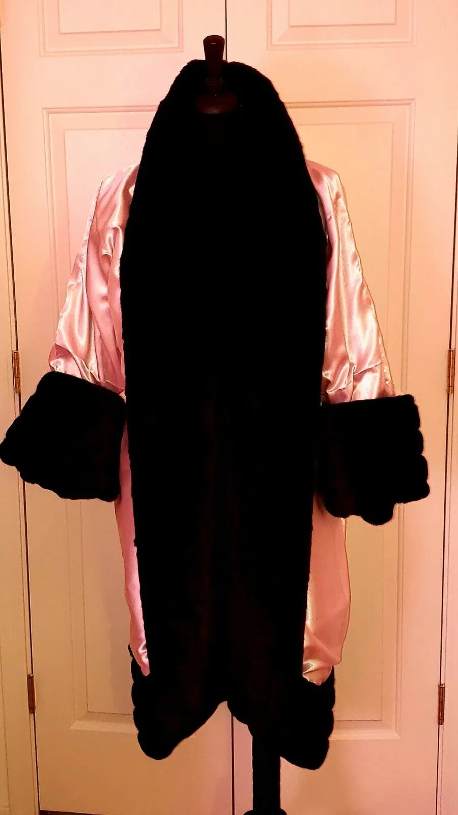 Pink & Black Velvet Satin & Faux Fur Reversible Gatsby Inspired Cocoon Maxi Coat